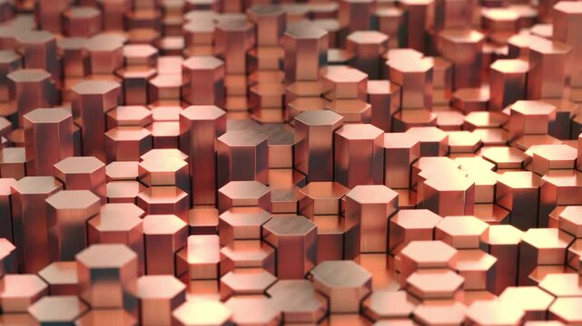 Moving copper or gold mosaic hexagon surface. Astract metal background. 3d animation
