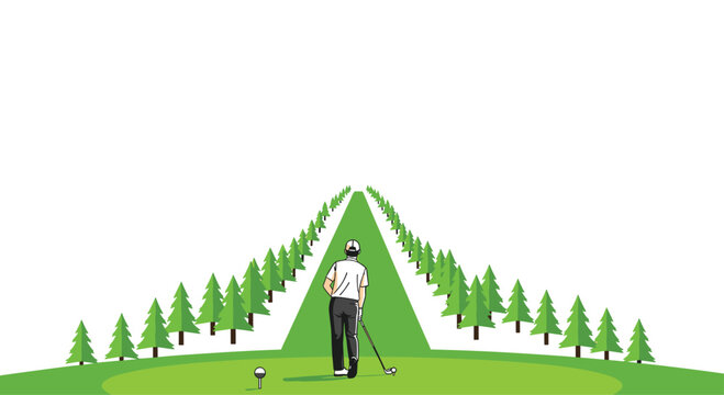 A golfer stands on a green putting surface with a narrow fairway path bordered by rows of stylized pine trees under a minimalist sky for sports visualization.