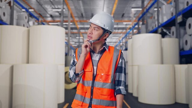 Asian Male Engineer With Safety Helmet Thinking About Something And Looking Around While Standing at Warehouse with Rows of Stacked White Polymer and Paper Rolls
