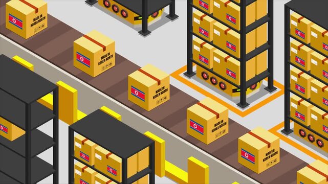 Smart Automated Warehouse System with Flag of NORTH KOREA, Modern Industrial Logistics and Supply Chain Animation