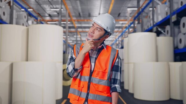 Asian Male Engineer With Safety Helmet Thinking And Looking Around Then Raising His Index Finger While Standing at Warehouse with Rows of Stacked White Polymer and Paper Rolls