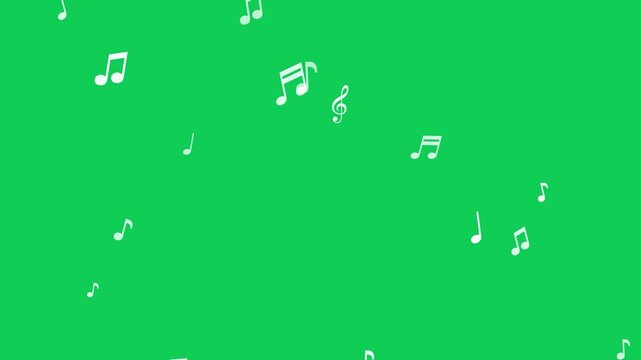 Floating music notes flying up on chroma key green screen background 