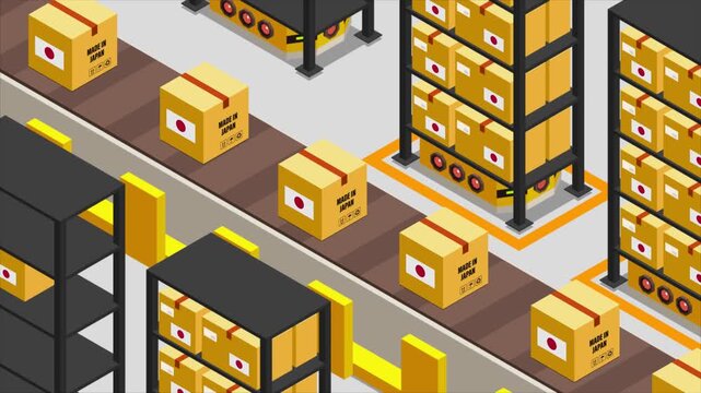 Smart Automated Warehouse System with Flag of JAPAN, Modern Industrial Logistics and Supply Chain Animation