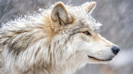 Obraz premium Profile close-up of grey wolf's head covered with snowflakes in snowy winter environment