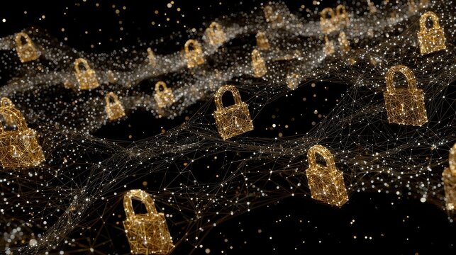 Golden digital padlocks float within a swirling nebula of light particles.