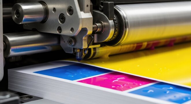 Industrial offset printing machinery applies liquid color to stacked paper sheets