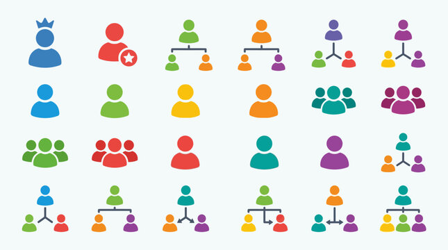 A colorful set of people icons and teamwork symbols for business and social concepts.