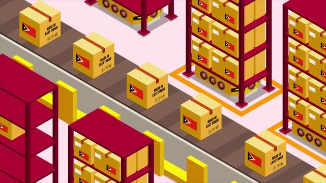 Smart Automated Warehouse System with Flag of EAST TIMOR, Modern Industrial Logistics and Supply Chain Animation
