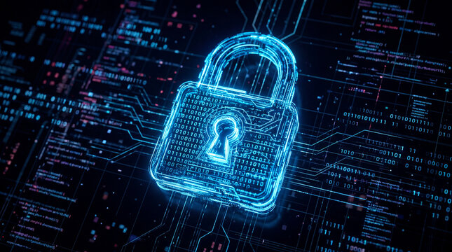 Digital padlock glowing in a high-tech cyberspace with binary code and data streams, cybersecurity concept, 4K