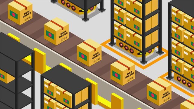 Smart Automated Warehouse System with Flag of BANGLADESH, Modern Industrial Logistics and Supply Chain Animation