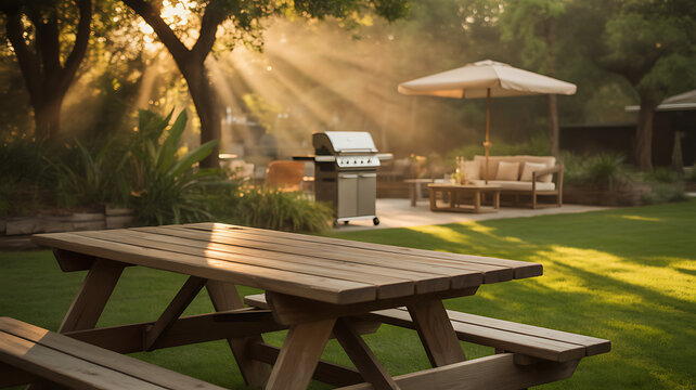 Stock photograph of a wooden picnic table in a sunlit backyard with a barbecue grill, lounge area, and sunlight streaming through the trees, creating a cozy atmosphere