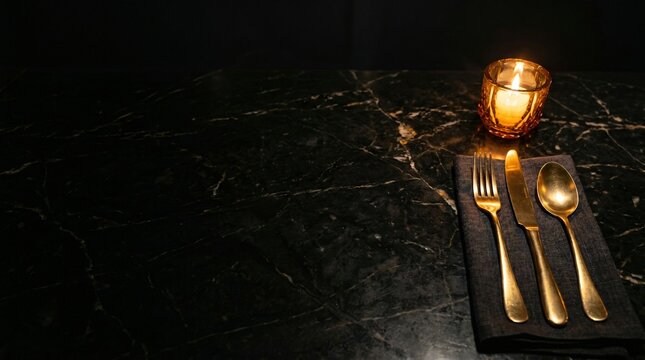 Elegant dark fine dining table setting with gold cutlery and romantic candle light with copy space