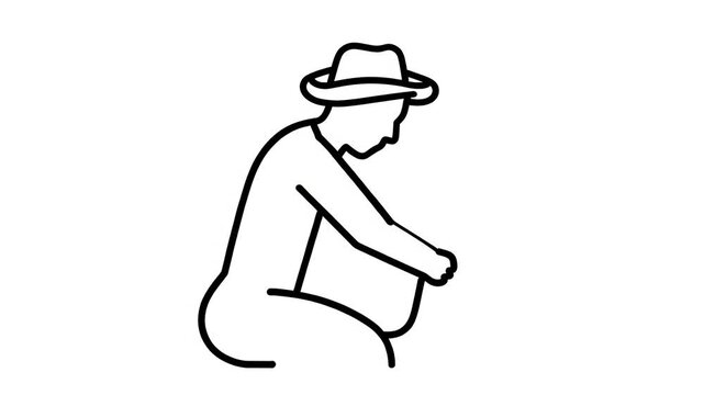 Minimalist line art icon of a person with a hat bending and working. Simple illustration of gardening, planting, or farming activity.