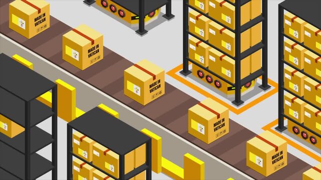 Smart Automated Warehouse System with Flag of VATICAN, Modern Industrial Logistics and Supply Chain Animation