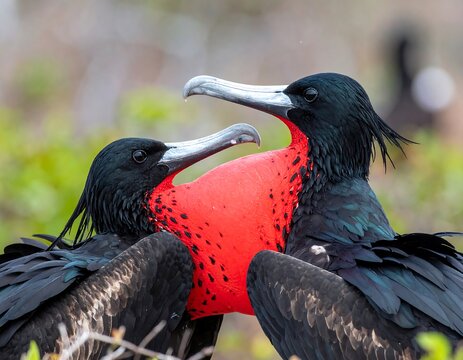 Two black frigatebirds engaging with inflated red pouches displayed against a blurred backdrop