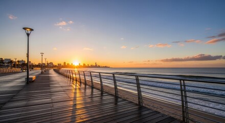 Obraz premium Bright sunrise illuminates a seaside promenade overlooking an ocean with distant urban structures