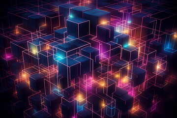 Obraz premium Abstract neon lights in a dark digital landscape with glowing cubes and lines