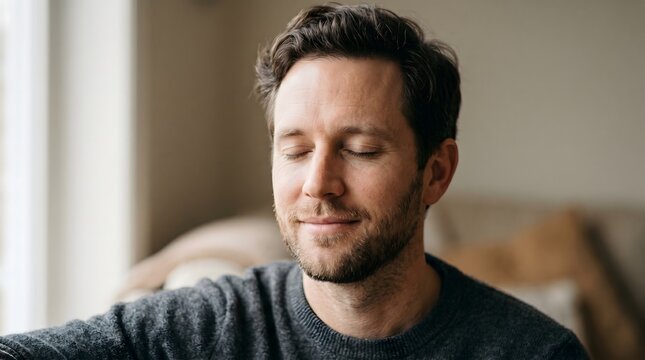 Close-up portrait of a man with eyes closed and slight smile, peaceful expression, soft lighting, neutral background, emotional calmness concept