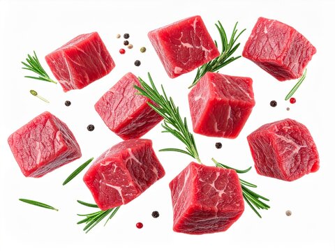 Raw beef cubes flying with rosemary and pepper isolated on white background