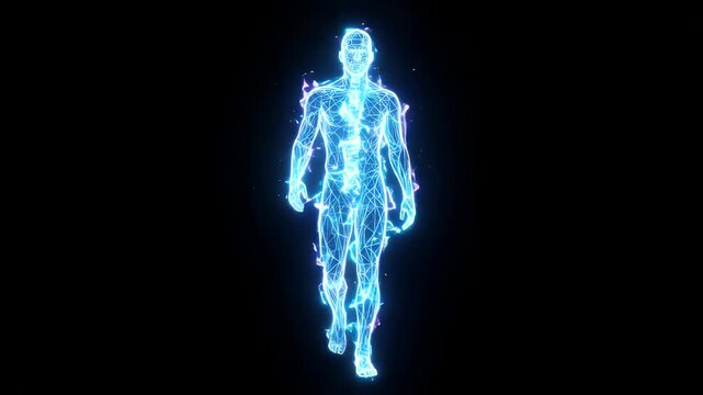 The video shows a human figure composed of a glowing blue wireframe on a black background. The wireframe effect gives the body an abstract, futuristic appearance.