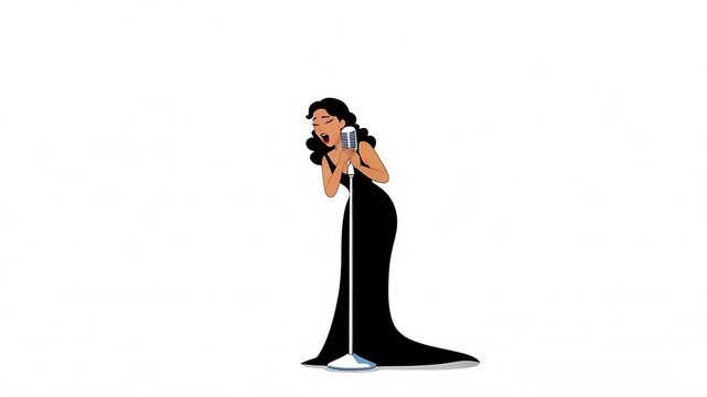 Elegant cartoon singer in black gown performing with a vintage microphone