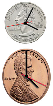 A USA penny and a quarter  are seen with clock hands making  them look like  clocks in a 3d illustrtion that says "time is money" or time is valuable.