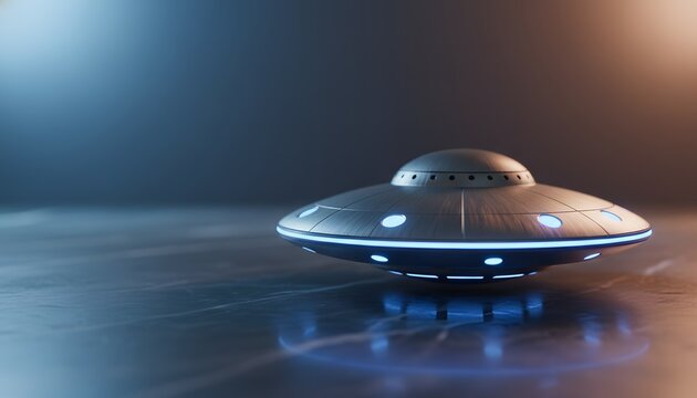 Metallic ufo flying saucer hovering over a reflective floor celebrating the International Space Day concept for science fiction and advanced alien technology exploration