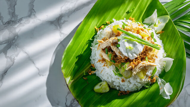 High Angle Flat Lay of Nasi Liwet Solo Served on Traditional Banana Leaf
