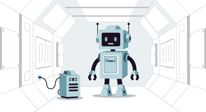 A light blue humanoid robot stands in a minimalist white corridor while connected by a power cable to a square terminal box on the floor in a flat design style image.