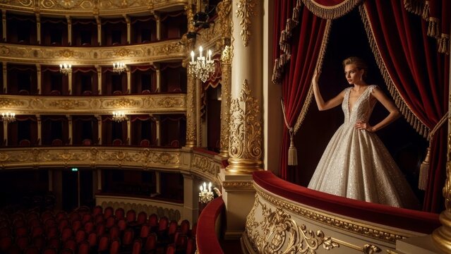 Theatrical Elegance: A woman in an elegant gown stands regally in a luxurious theatre box, framed by ornate architecture, as if preparing to take center stage, poised, ready for the performance.