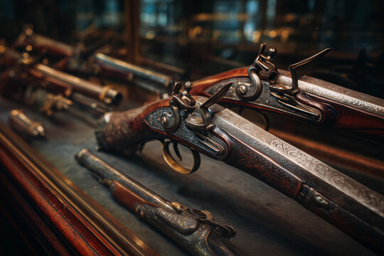 Antique firearms collection featuring a variety of vintage pistols and rifles with detailed craftsmanship.