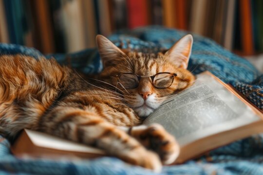 Cute ginger cat sleeping on open book wearing reading glasses in a library, enjoying a peaceful rest