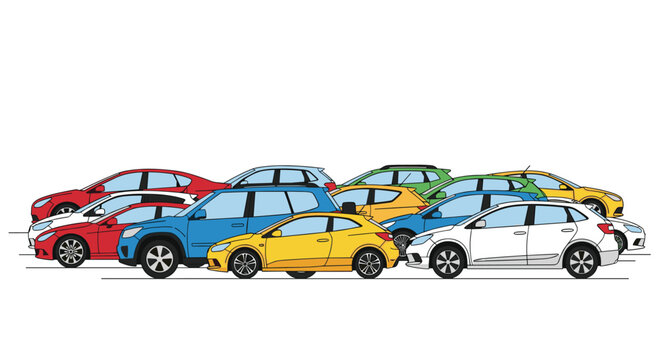 A dense collection of colorful cartoon-style passenger cars is arranged in a traffic jam formation on a clean white background in a flat vector design.