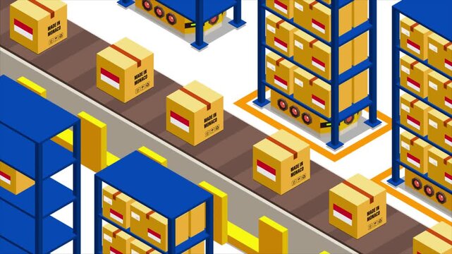 Smart Automated Warehouse System with Flag of MONACO, Modern Industrial Logistics and Supply Chain Animation