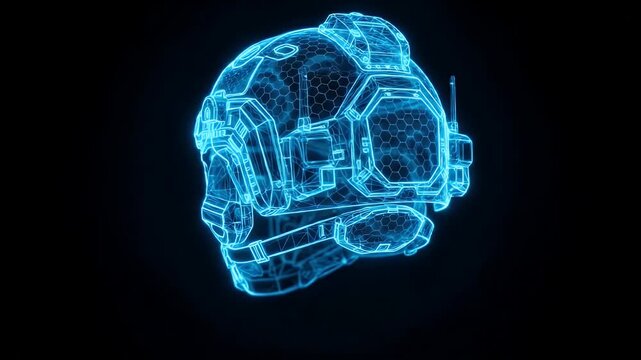A glowing blue wireframe helmet is shown rotating slowly on a black background. The helmet has a complex hexagonal pattern and futuristic design elements.