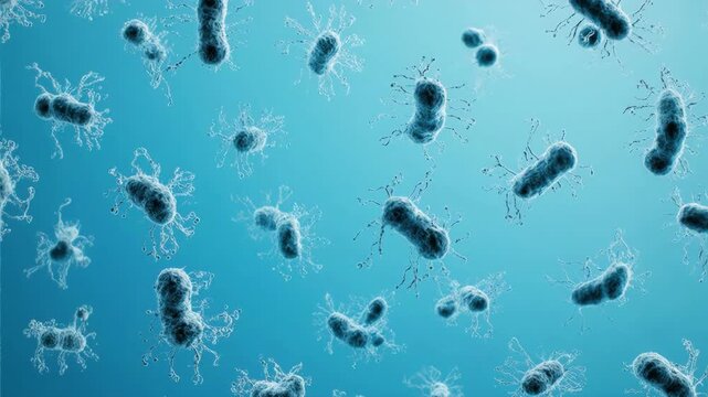 Abstract bacteria particles floating slowly on clean blue background