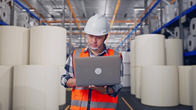 Asian Male Engineer With Safety Helmet Working On A Laptop And Looking Around While Standing at Warehouse with Rows of Stacked White Polymer and Paper Rolls