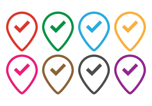 Iconos de ubicaci&oacute;n de colores con marca de verificaci&oacute;n en el interior