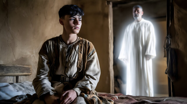 Biblical Scene of God Speaking to Samuel. Old Testament Story Depiction