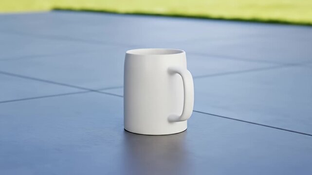White cylindrical mug with a handle on a gray tiled surface, green background