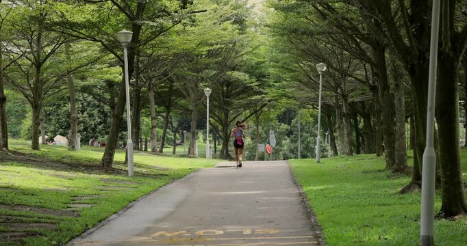 Woman runs along a paved path lined with lush green trees in a park. Healthy lifestyle, outdoor fitness, and wellness concept. Serene natural environment.