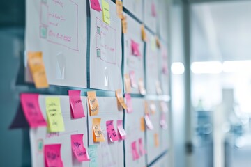 Plakat Sticky notes and sketches are attached to a glass wall, representing project management and brainstorming in a modern office
