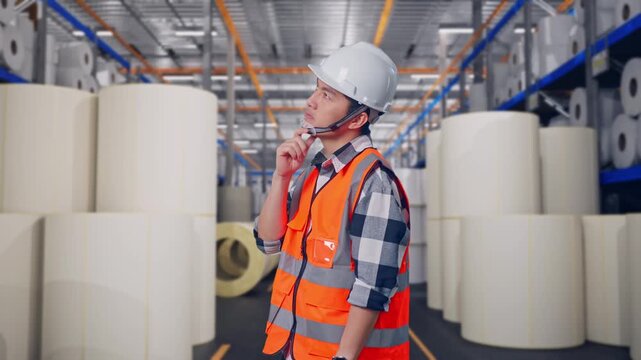 Side View Of Asian Male Engineer With Safety Helmet Thinking And Looking Around Then Raising His Index Finger While Standing at Warehouse with Rows of Stacked White Polymer and Paper Rolls