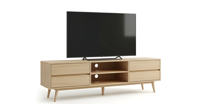 Modern wooden tv stand with open shelving and a flat screen television