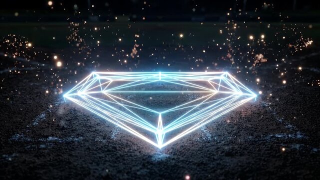 A stylized, glowing wireframe of a home plate sits on a dark, textured surface, with particles of light accentuating the scene against a blurred background.
