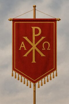 Christian banner with Alpha and Omega on red background, ancient religious symbol of Christ and faith