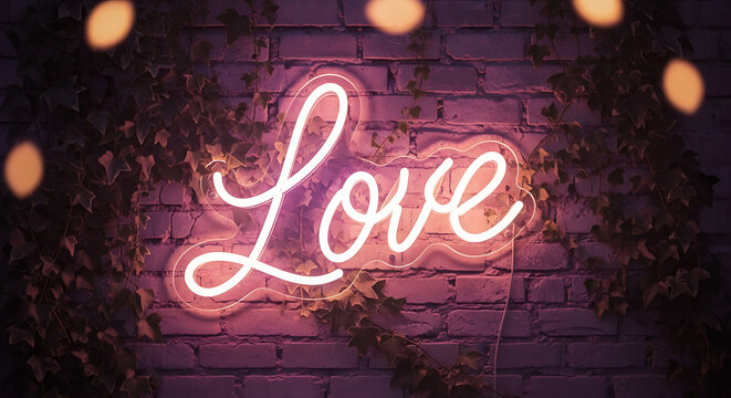 Glowing 'Love' neon sign illuminating a textured brick wall with creeping ivy, creating a warm and romantic ambiance in a dimly lit setting for a captivating mood