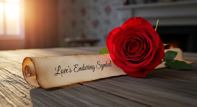 Red rose and "Love's Enduring Symbol" scroll on a rustic wooden table, bathed in soft light, perfect for conveying deep romantic sentiment and lasting affection