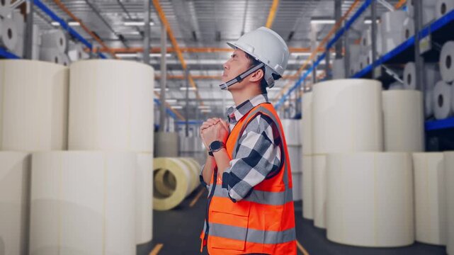 Side View Of Asian Male Engineer With Safety Helmet Pray For Something While Standing at Warehouse with Rows of Stacked White Polymer and Paper Rolls