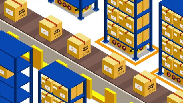 Smart Automated Warehouse System with Flag of CYPRUS, Modern Industrial Logistics and Supply Chain Animation